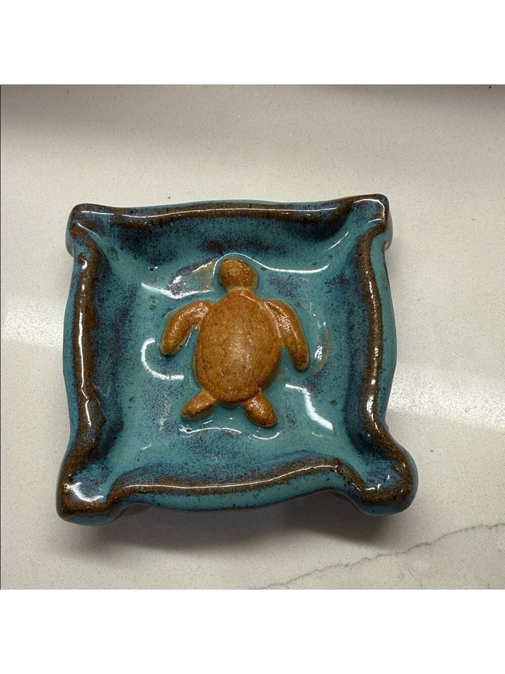 Sea Turtle in a Hand Crafted Ceramic Teal & Brown Trinket Dish/Spoon Rest Raised